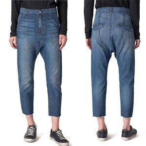 NILI LOTAN Size 25 Paris Crop Drop Crotch Jeans Tapered Leg Blue Denim Raw Edge
